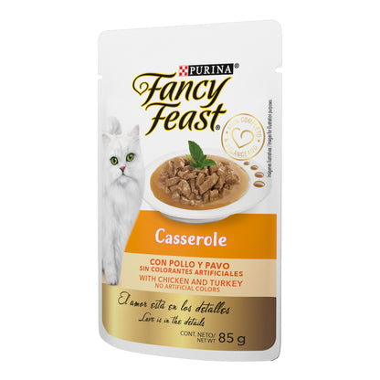 Purina® Fancy Feast® Casserole Pollo y Pavo Alimento Húmedo para gatos adultos, (paquete de 12 sobres)
